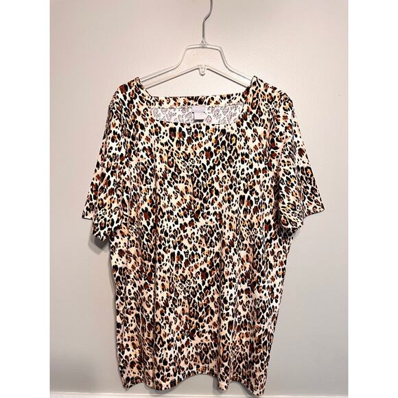 Chico's Leopard Animal Print Square Neck Short Sleeve Shirt Tunic Pockets Size 3 - Picture 1 of 14